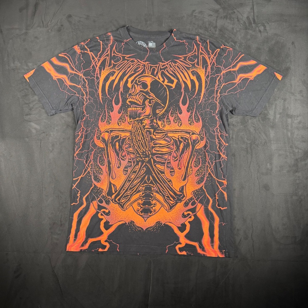 Y2K Mens Affliction Praying Skeleton Flame Lightning Graphic T-Shirt XL